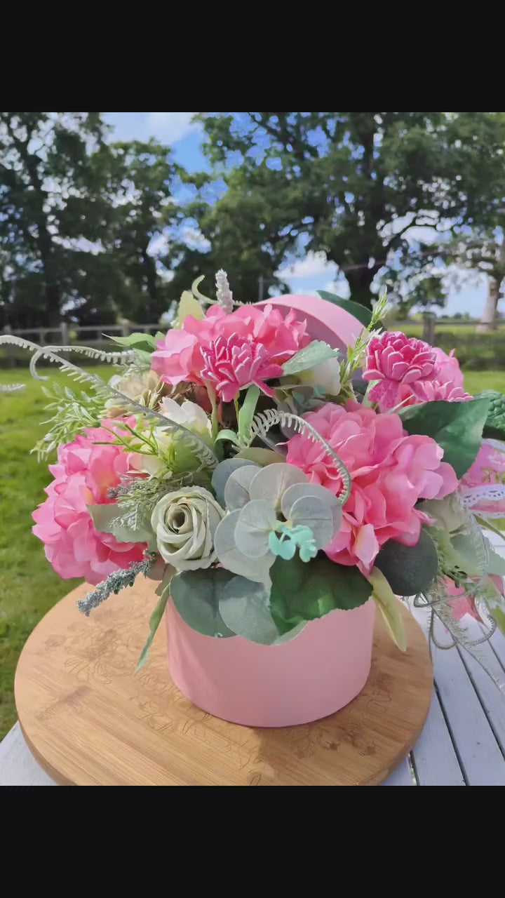 Pink Hydrangea & Rose Arrangement, Hat Box Centrepiece
