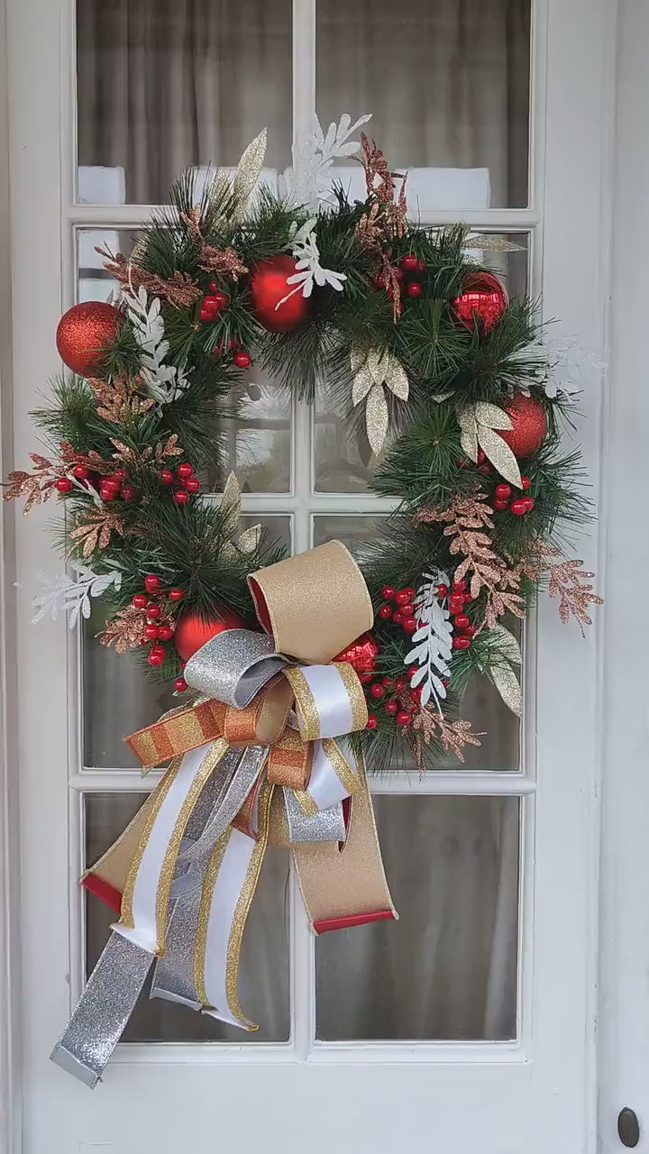 Christmas wreath large copper gold silver white red evergreen faux artificial 64cm