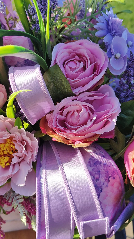 Flower planter artificial flowers arrangement pastel pinks lilacs house decor or garden patio ornament gift present