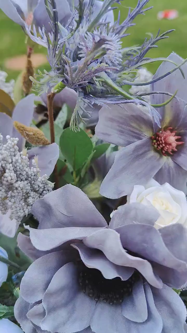 Flower arrangement Grey white pastel blue flower candlestick home decor centrepiece tablecentre