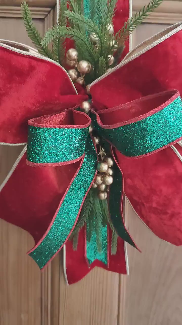 Door hanger traditional Christmas swag over the door large bow