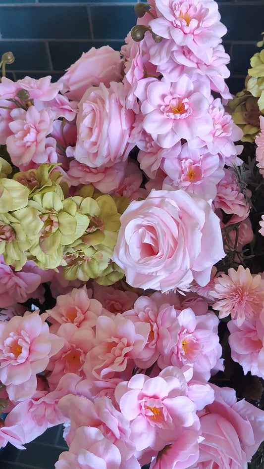 Large flower planter artificial flowers arrangement pink and green outdoor or indoor venue event florals 85cm height