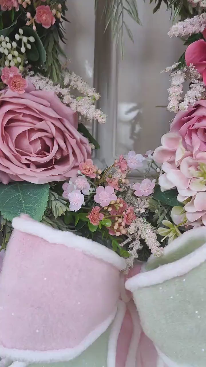 Wreath pink vintage rose pinks deluxe luxury flowers florals Spring Summer door wreath hanger
