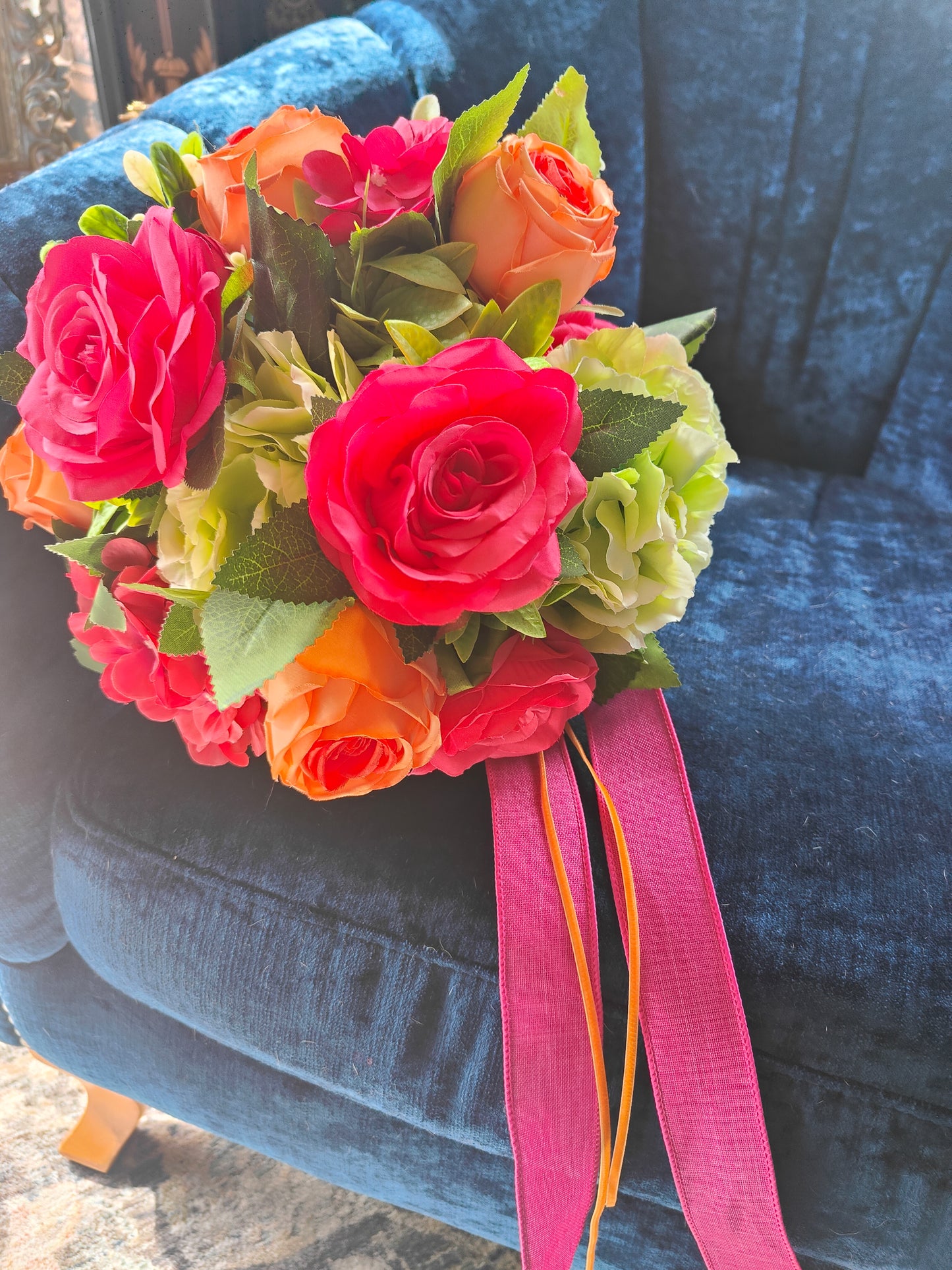 Wedding bride bouquet hand-tied artificial flowers dark pink cerise, orange, pale light green