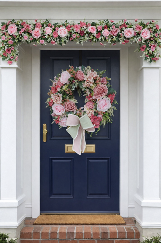 Wreath pink vintage rose pinks deluxe luxury flowers florals Spring Summer door wreath hanger