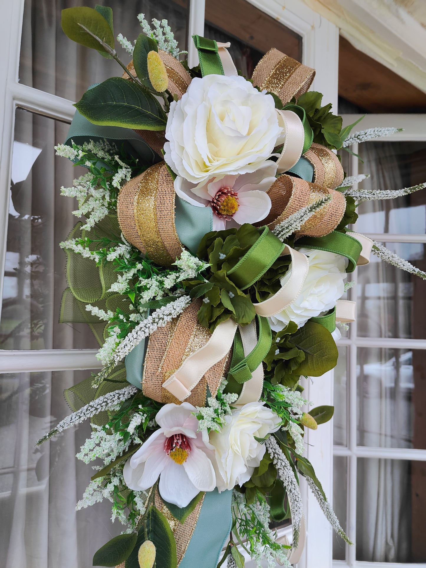Natural wreath neutral colours swag magnolia peonies Farrisilk ribbons large door decor