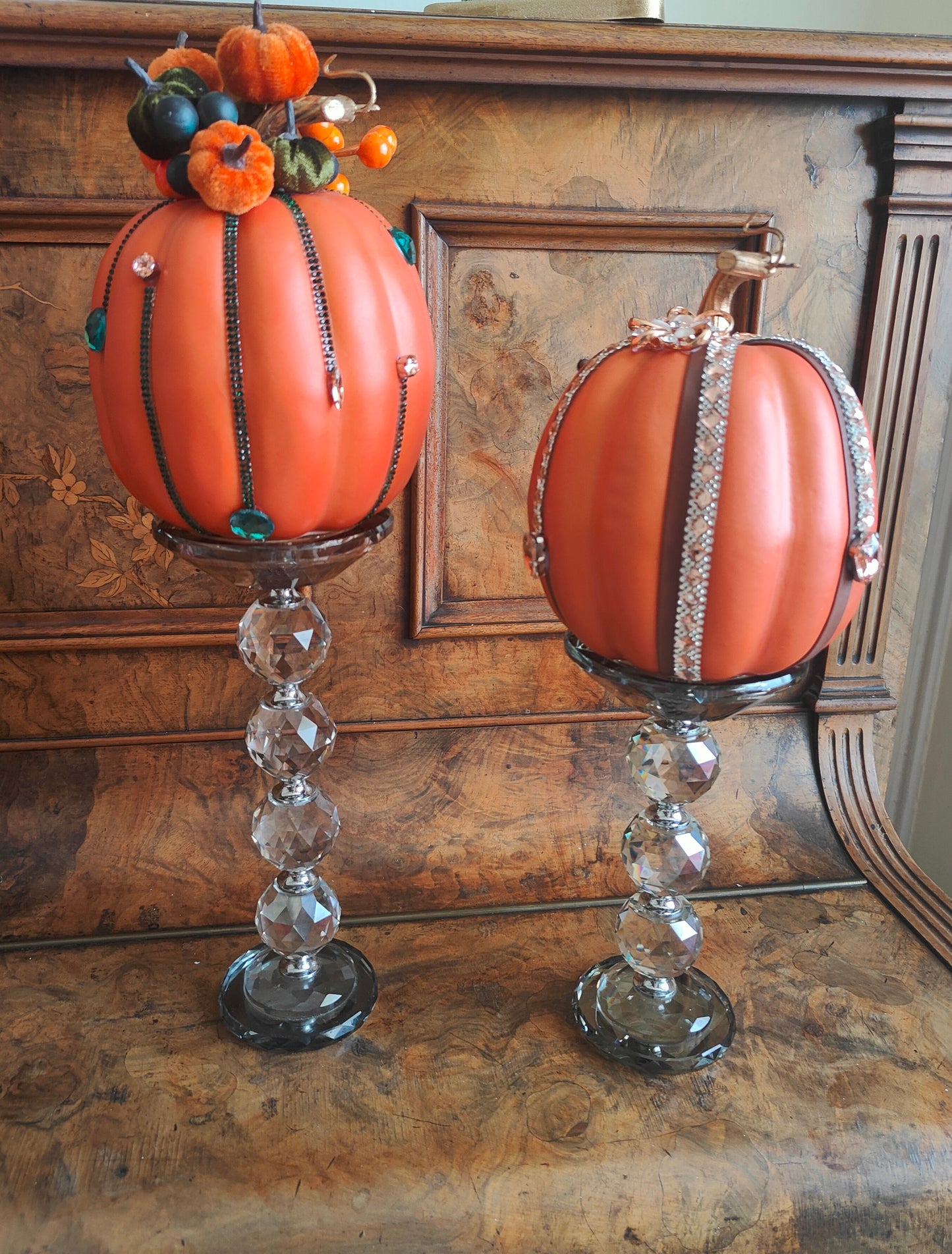 Pumpkins orange bling embellished diamante Autumn decor tablecentre pair