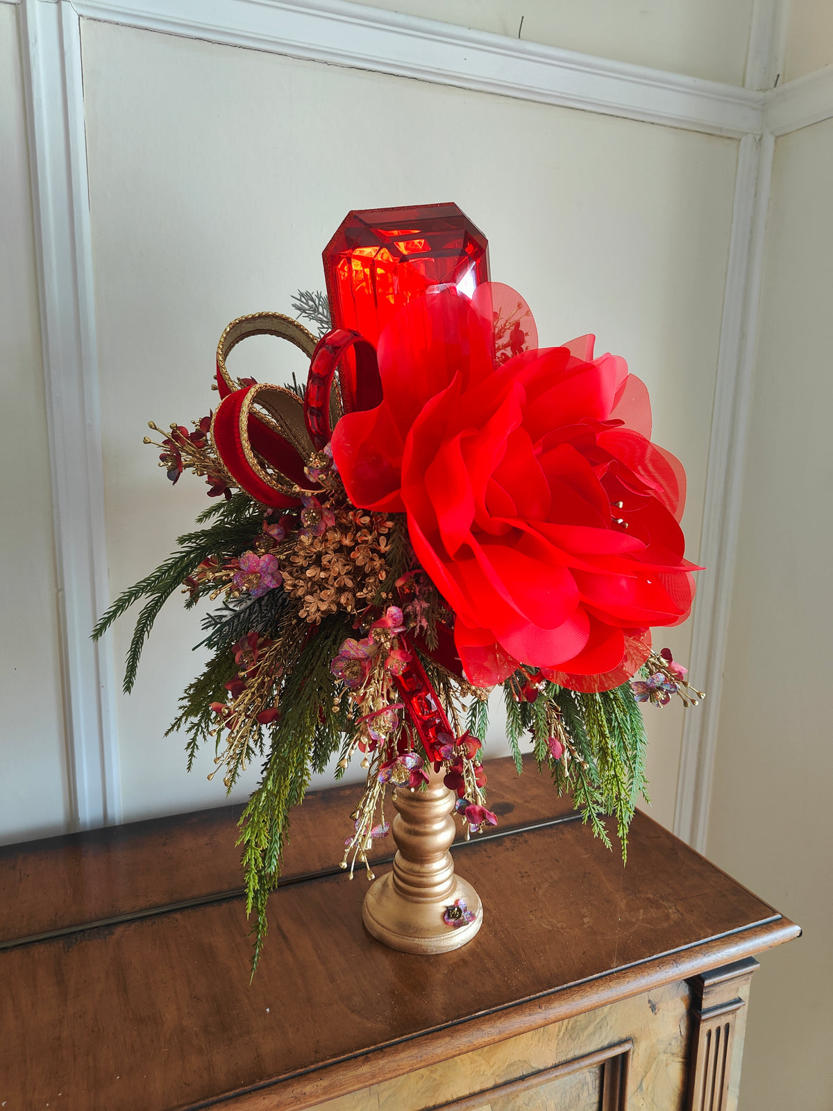 Large red Christmas candlestick gem centrepiece