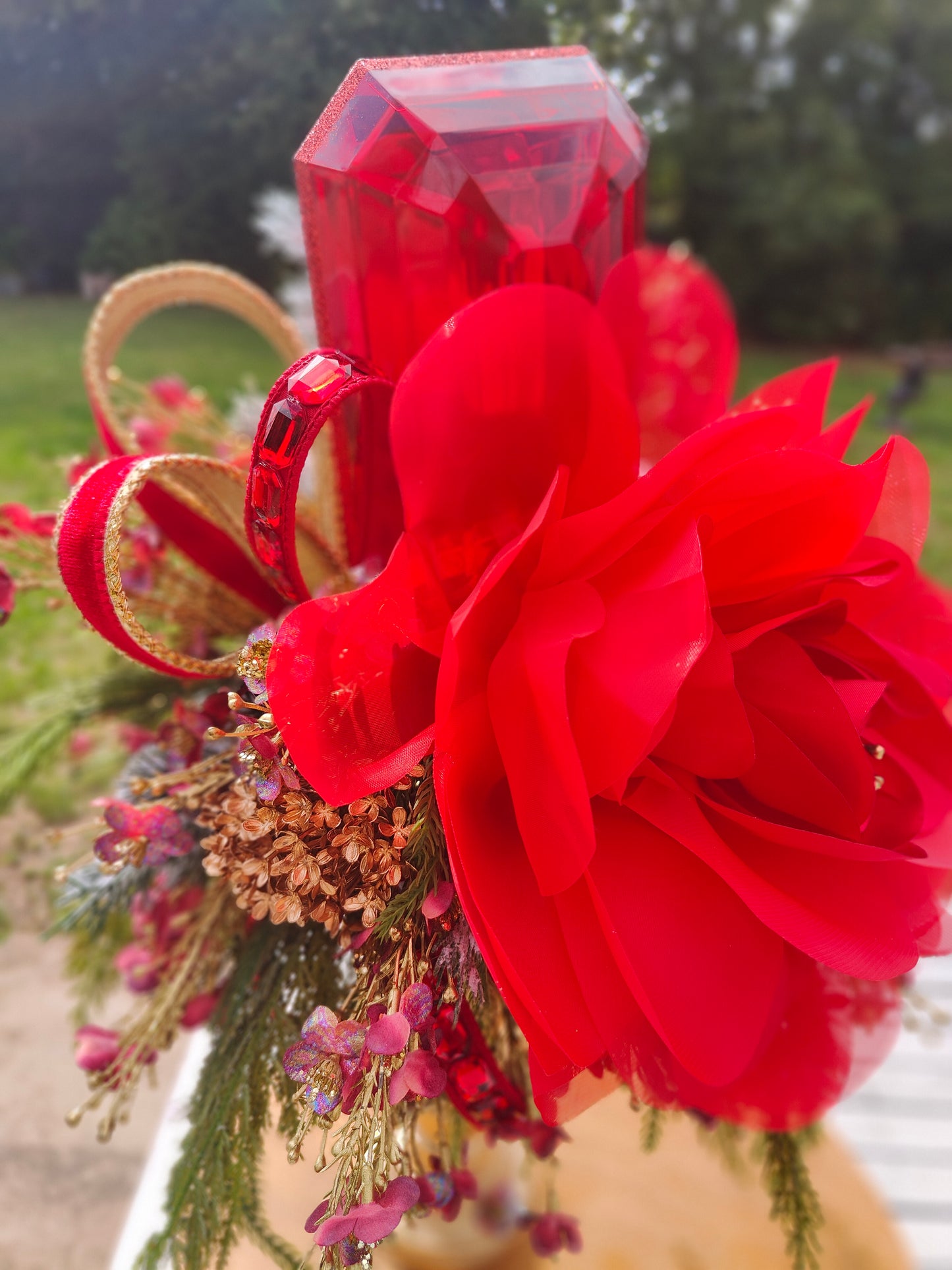 Large red Christmas candlestick gem centrepiece