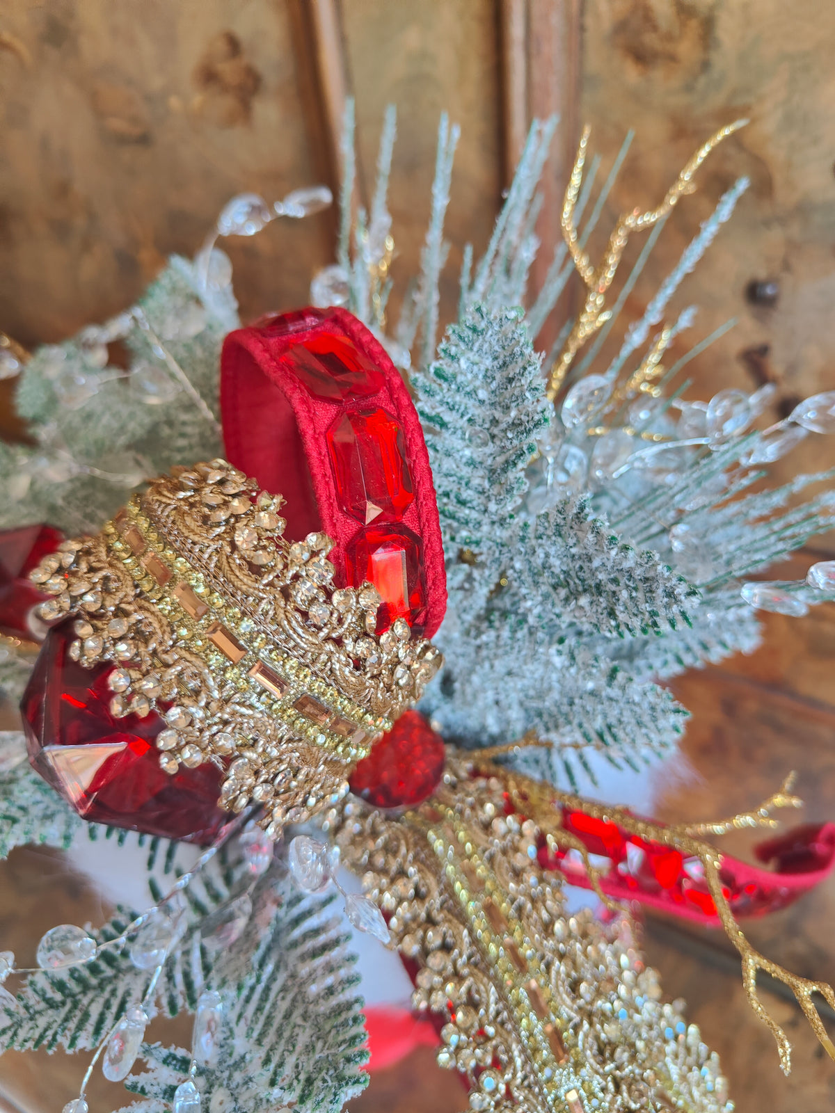 Mrs Claus boot high heeled red embellished centrepiece deluxe