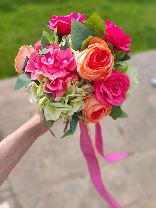 Wedding bride bouquet hand-tied artificial flowers dark pink cerise, orange, pale light green