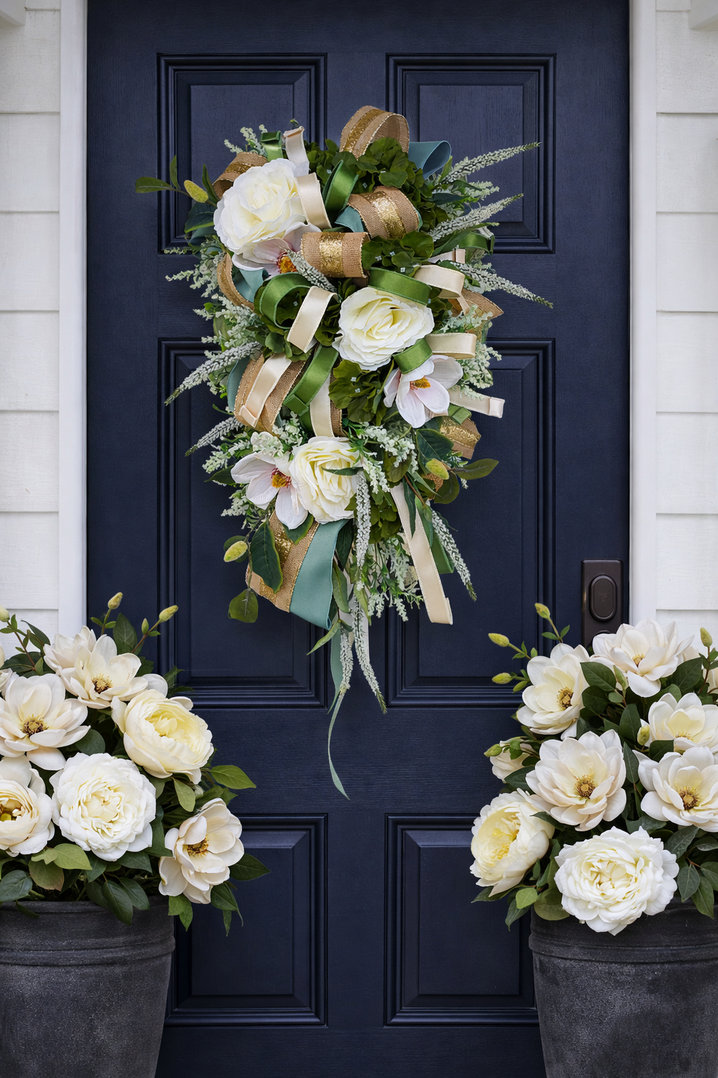 Natural wreath neutral colours swag magnolia peonies Farrisilk ribbons large door decor