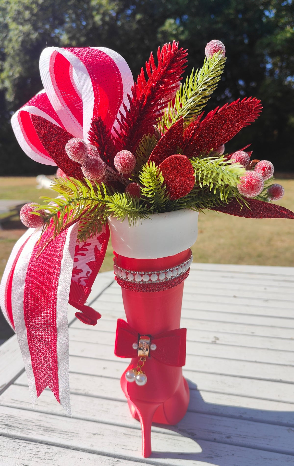 Mrs Claus boot decorated small boot red and white