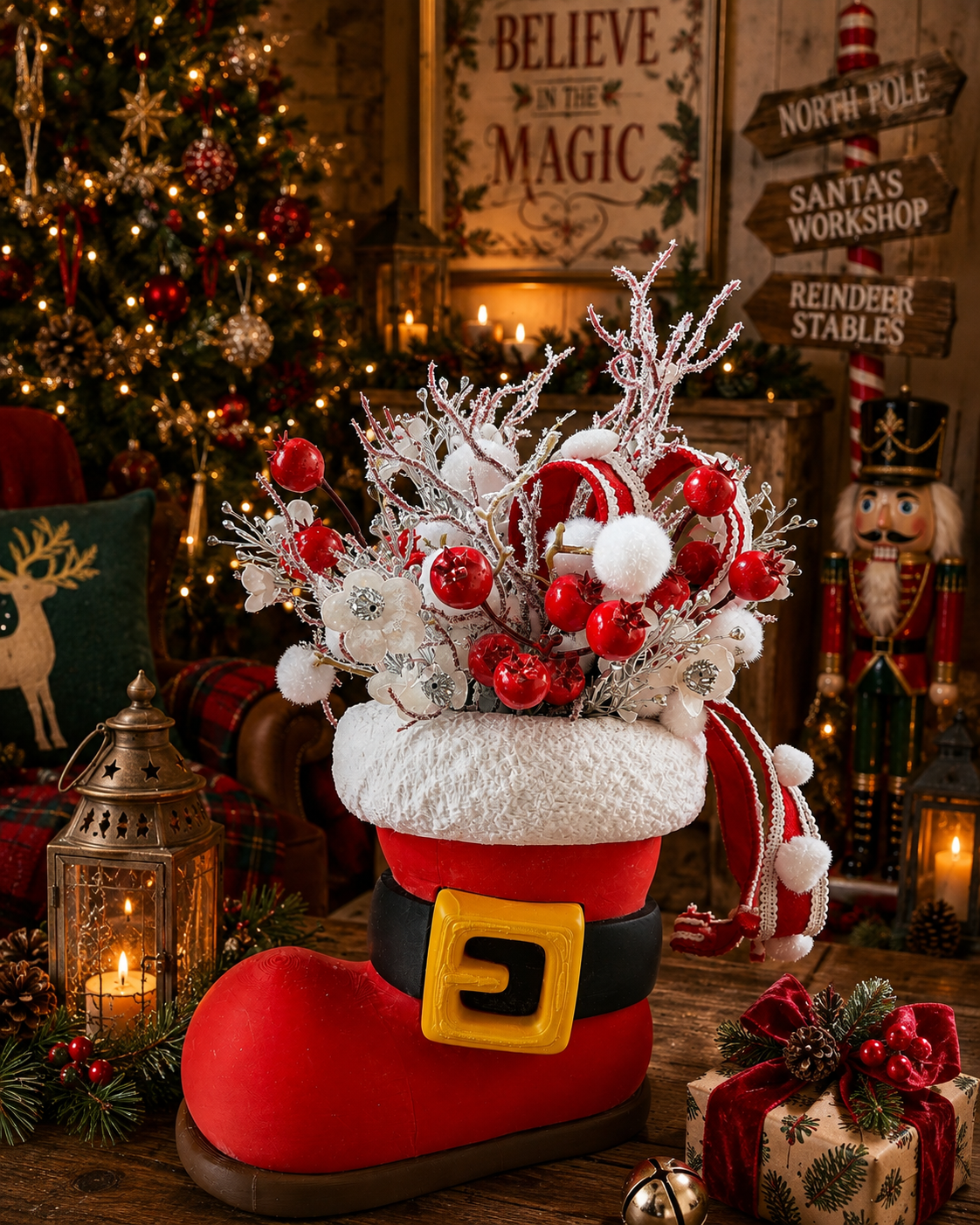 Santa boot centrepiece arrangement Christmas decoration red and white