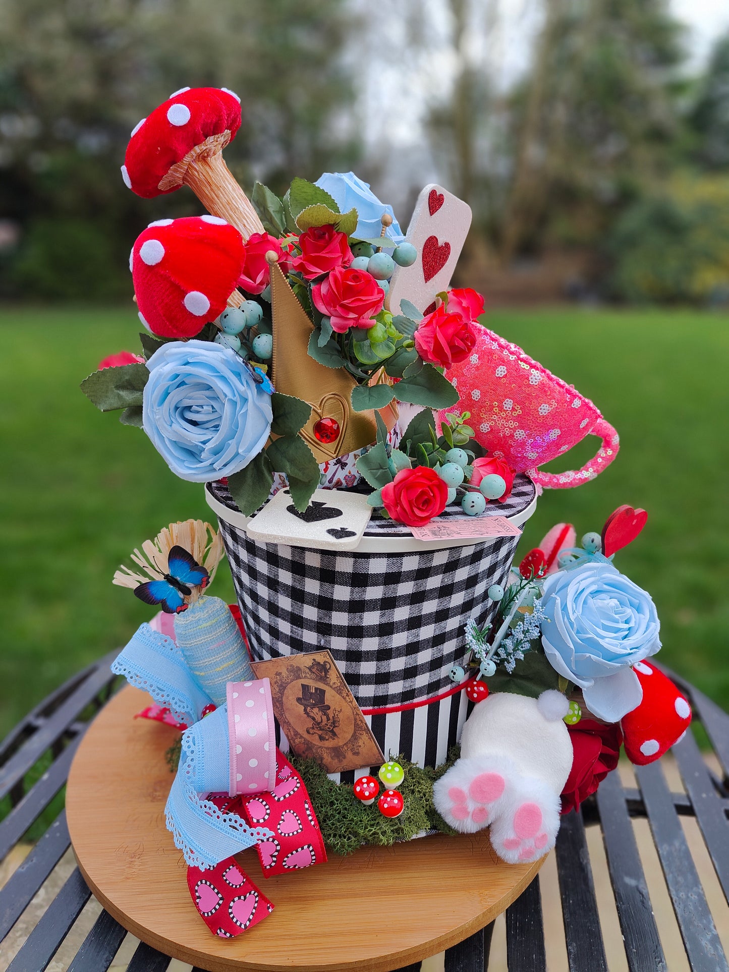 Alice in Wonderland centrepiece ornament party decoration theme top hat blue and red Mad Hatter wedding decor