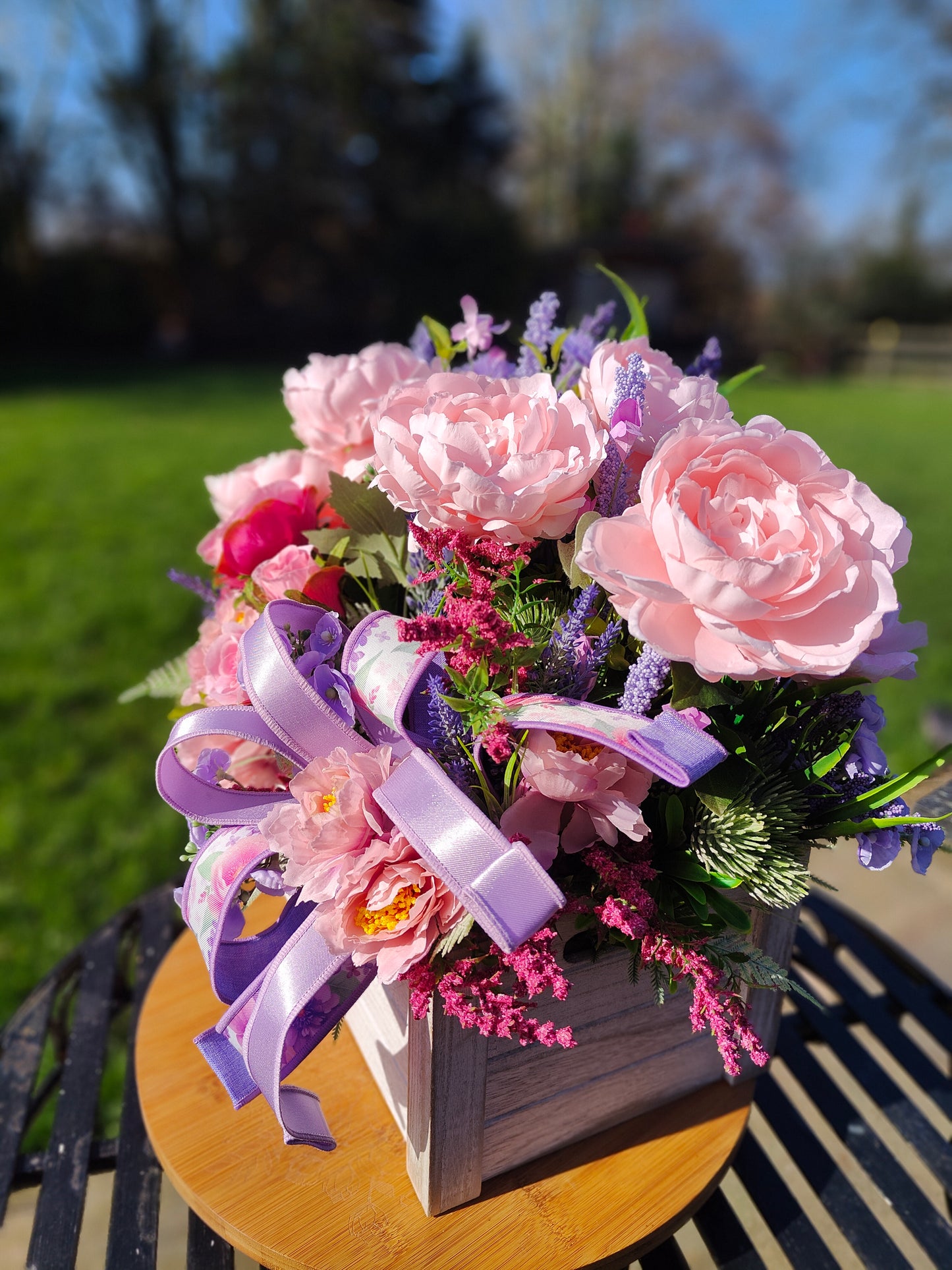 Flower planter artificial flowers arrangement pastel pinks lilacs house decor or garden patio ornament gift present