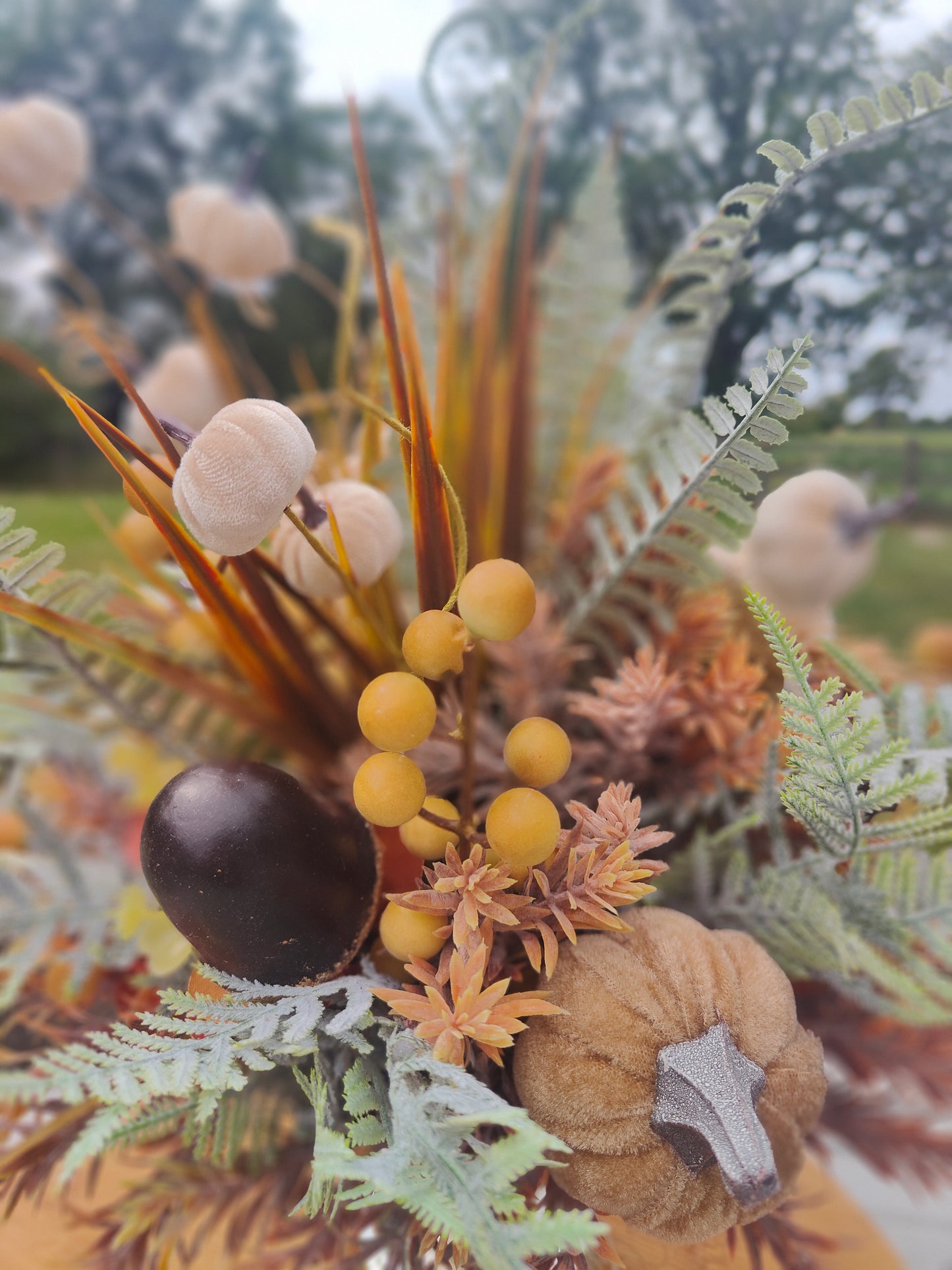 Autumn centrepiece tablecentre pumpkins artificial flower arrangement brown, cream, green