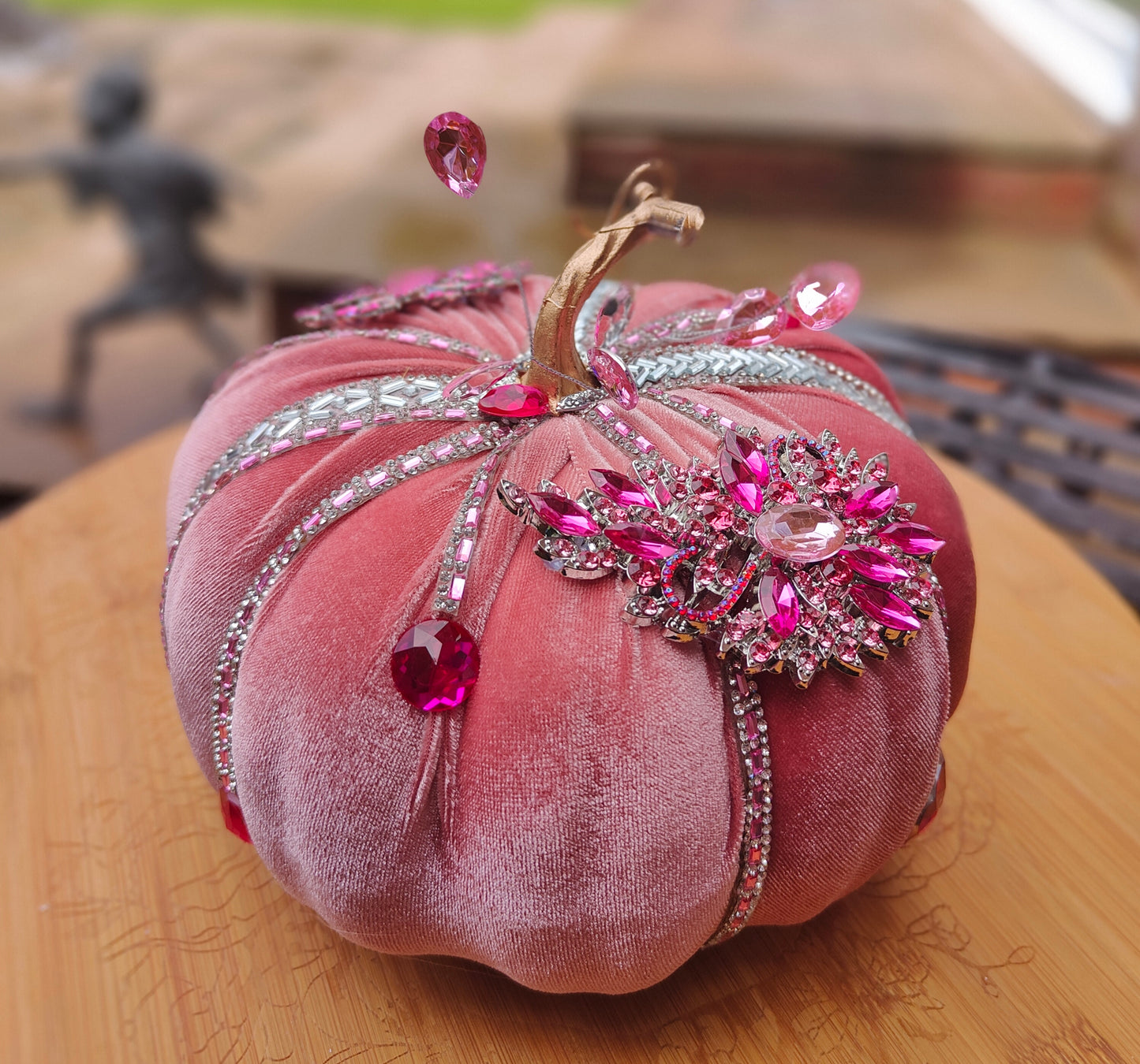 Pink pumpkin embellished decorated 20cm pastel pink velvet Autumn decor pumpkin