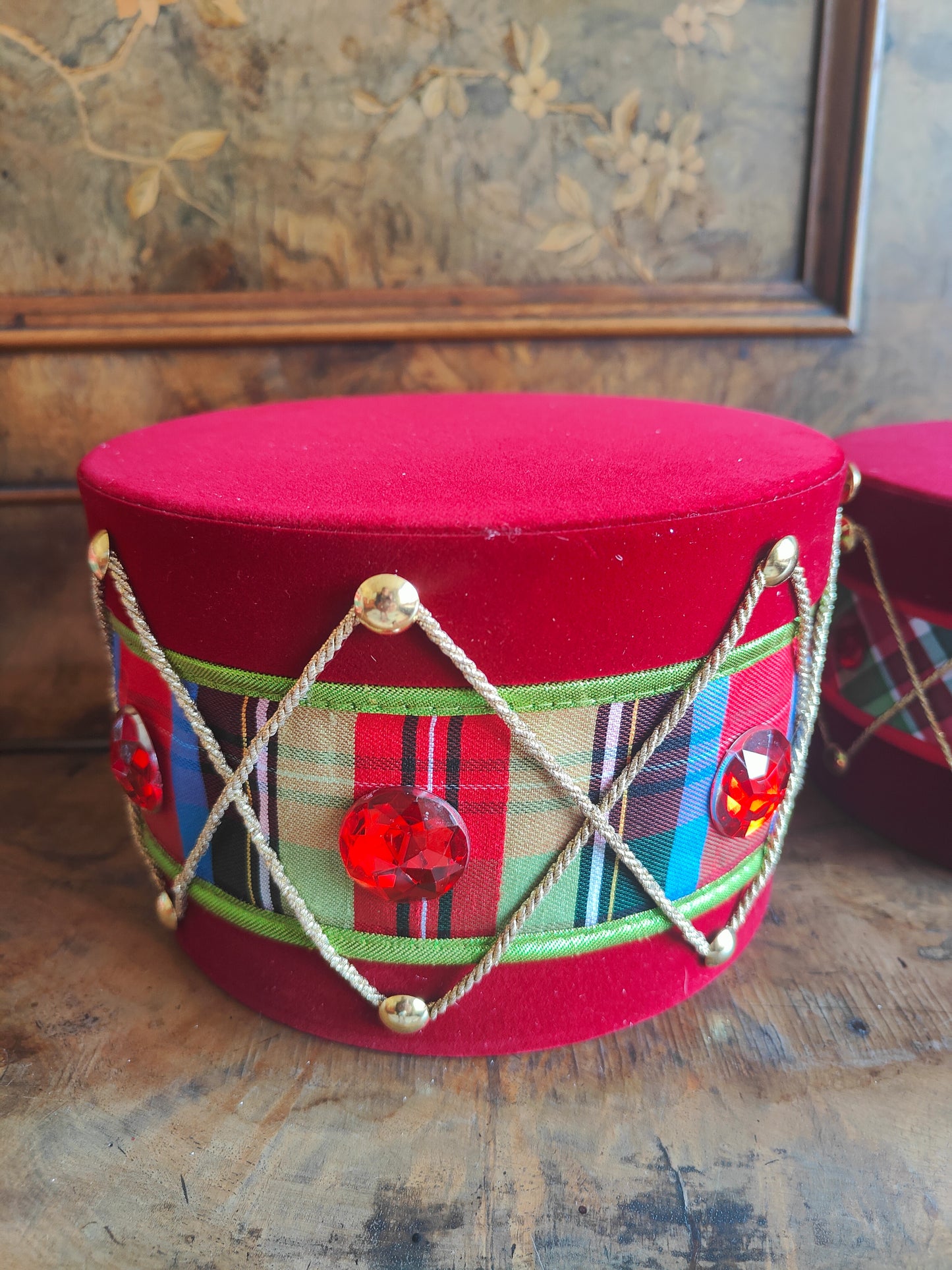 Drum set decorated Christmas drums nutcracker plaid tartan Christmas tree decorations