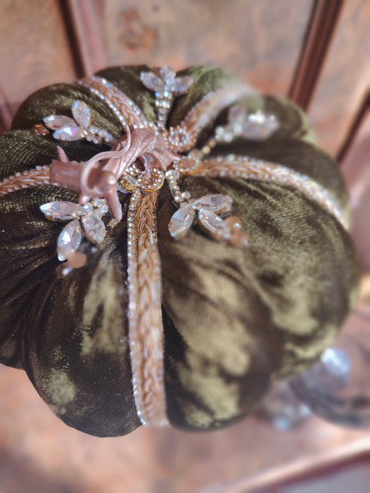 Pumpkin bling embellished deep green velvet 20cm decorated Autumn pumpkin