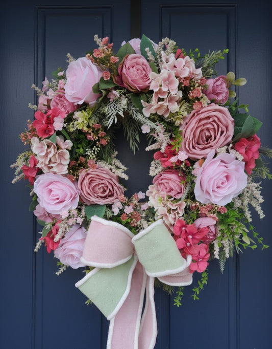 Wreath pink vintage rose pinks deluxe luxury flowers florals Spring Summer door wreath hanger