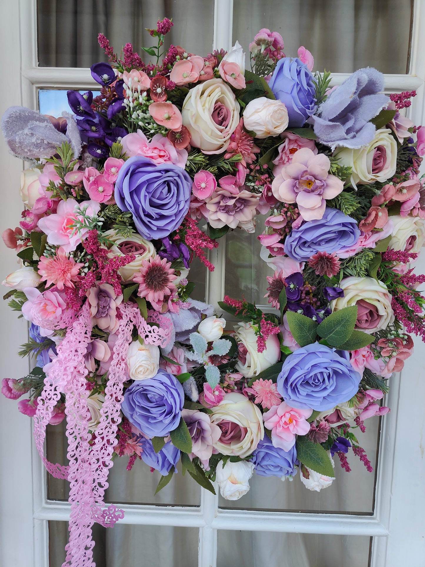 Pink lilac lavender wreath roses Bridgerton door wreath hanger large Spring Summer artificial flowers