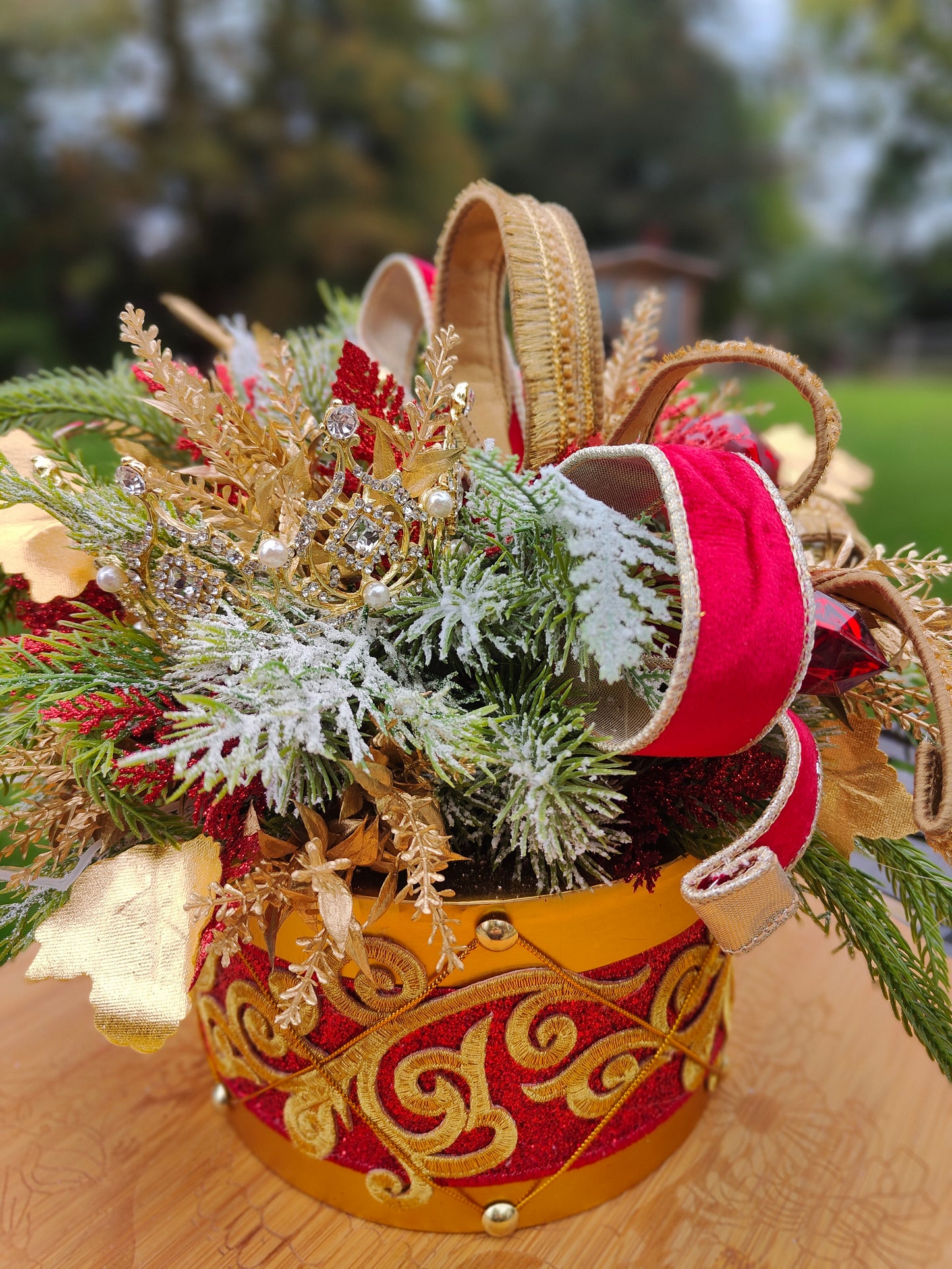 Christmas drum decoration red and gold regal centrepiece Farrisilk ribbons gems