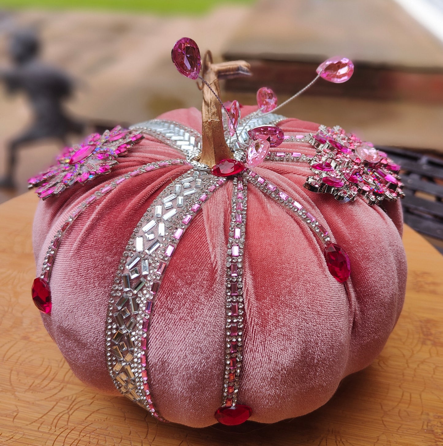 Pink pumpkin embellished decorated 20cm pastel pink velvet Autumn decor pumpkin