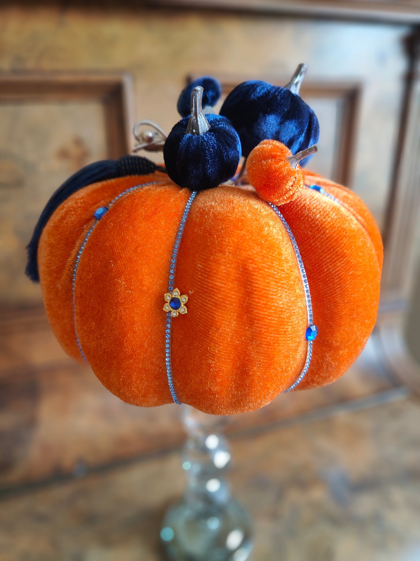 Pumpkin orange velvet bling embellished decorated pumpkin decor