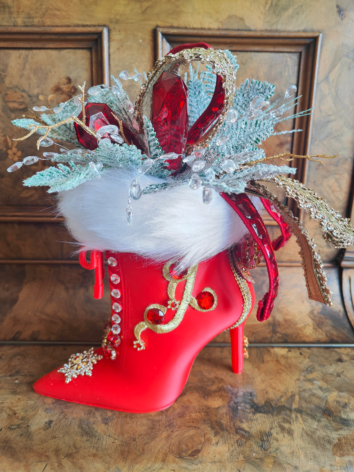 Mrs Claus boot high heeled red embellished centrepiece deluxe