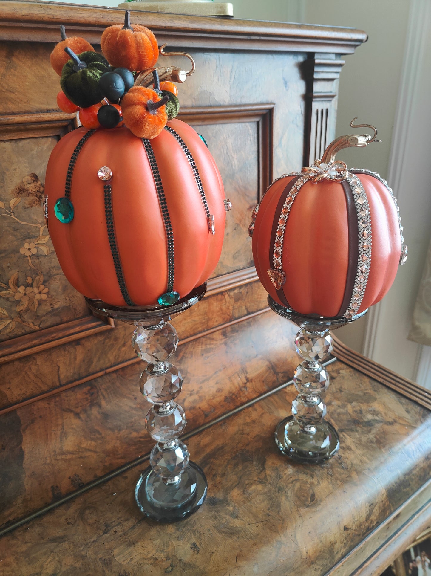 Pumpkins orange bling embellished diamante Autumn decor tablecentre pair