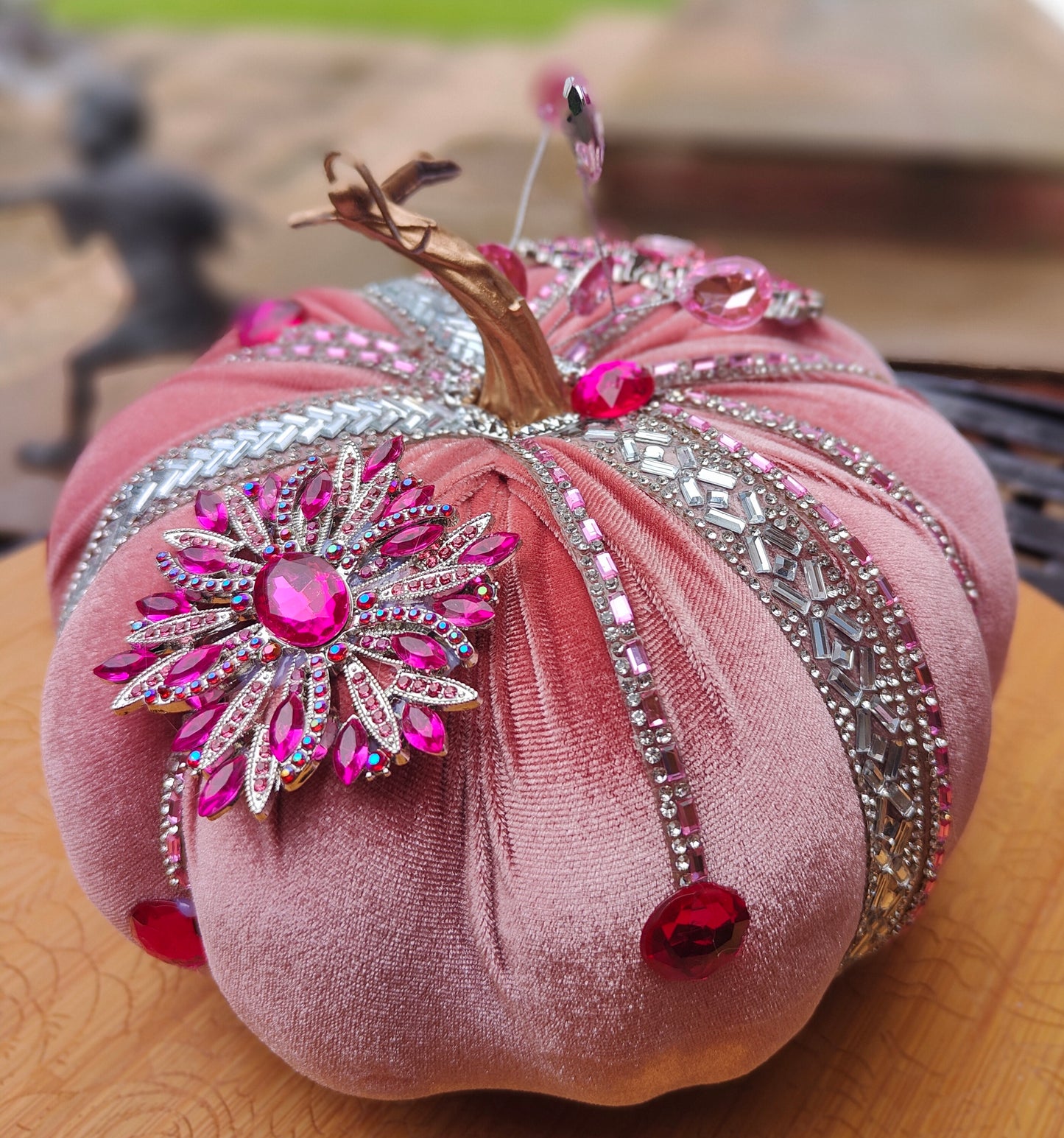 Pink pumpkin embellished decorated 20cm pastel pink velvet Autumn decor pumpkin