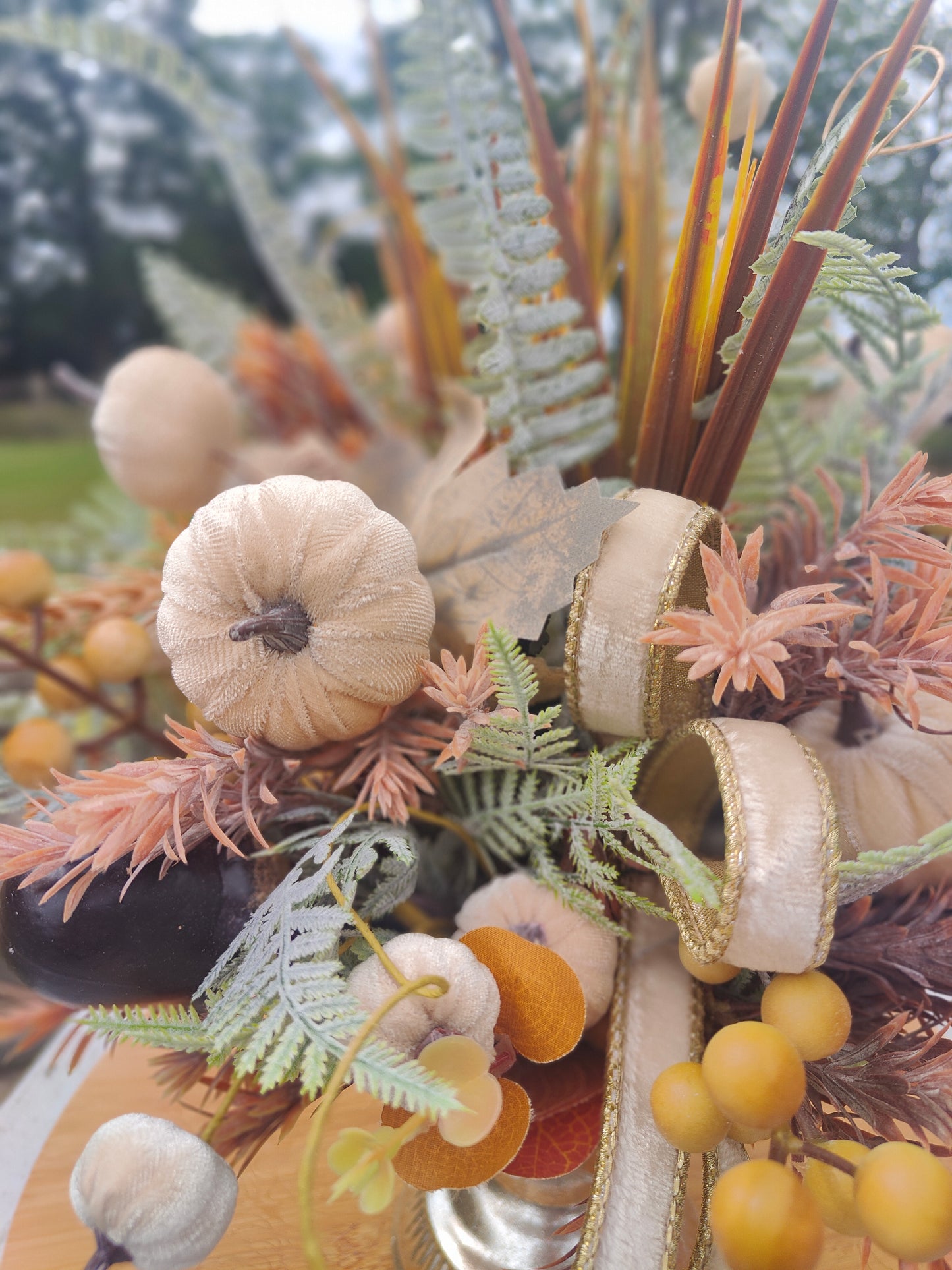 Autumn centrepiece tablecentre pumpkins artificial flower arrangement brown, cream, green