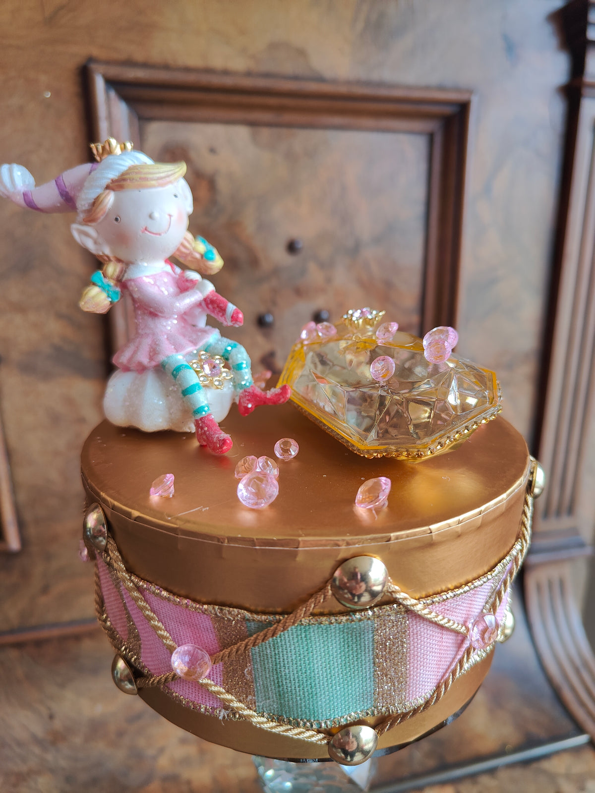 Christmas drum decoration December Diamonds fairy elf pink and mint green