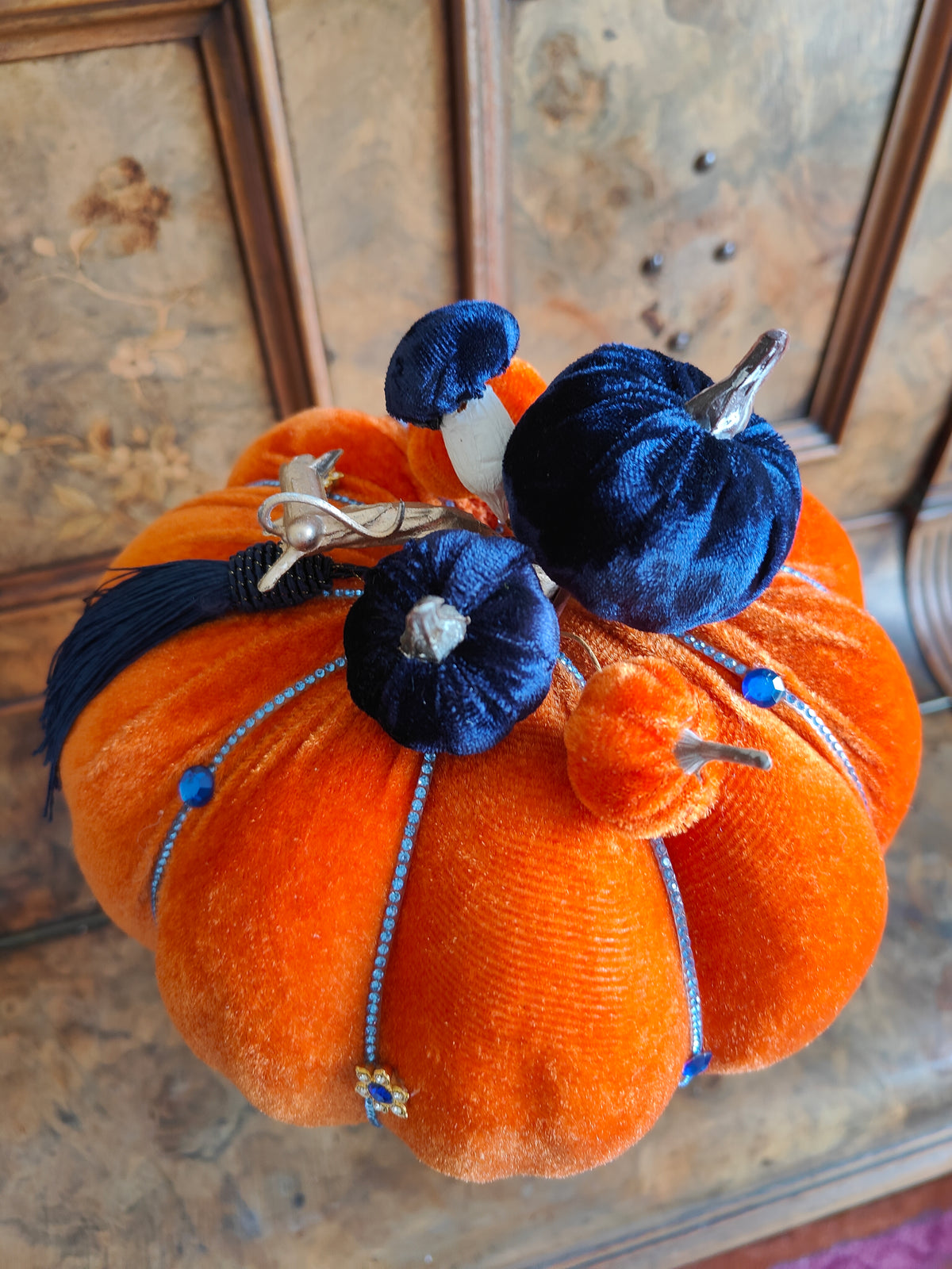 Pumpkin orange velvet bling embellished decorated pumpkin decor