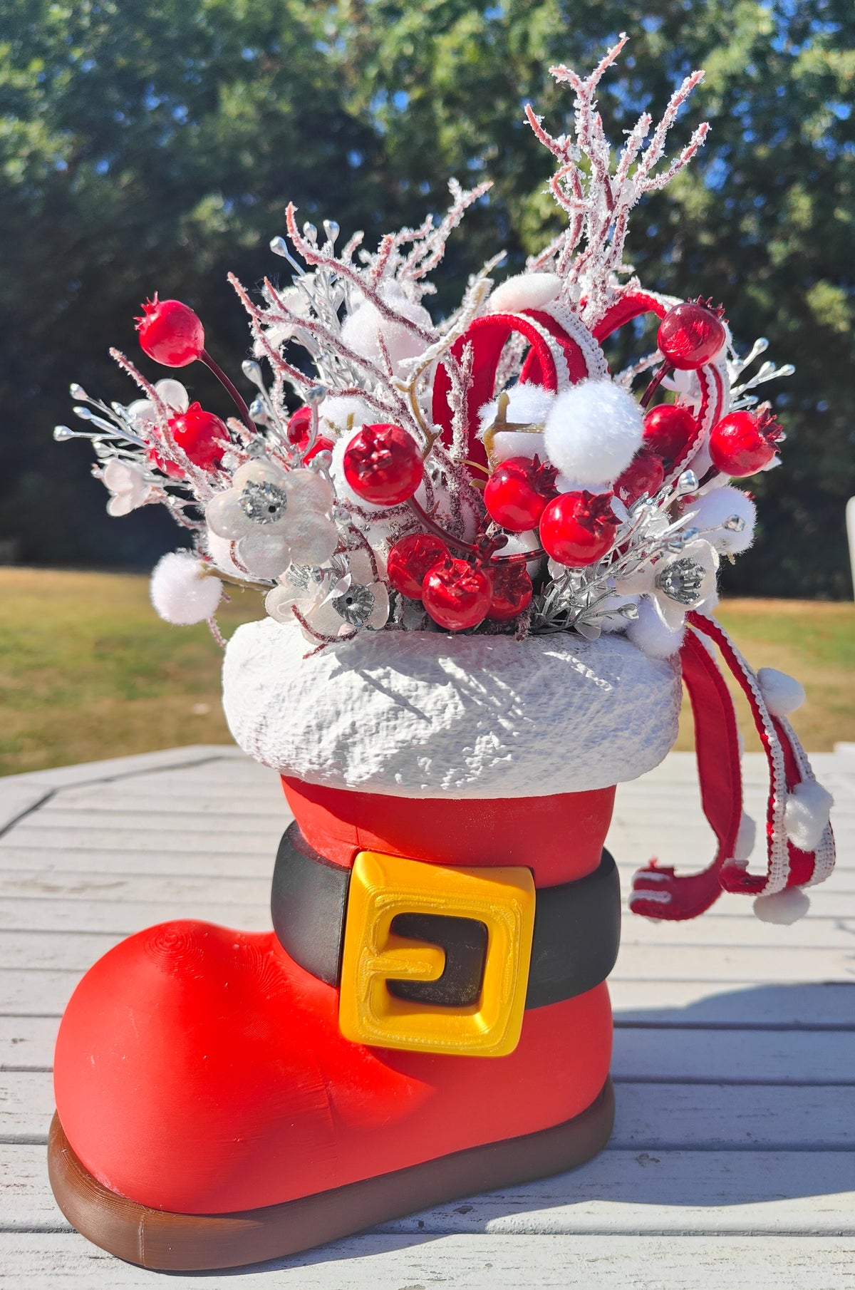Santa boot centrepiece arrangement Christmas decoration red and white