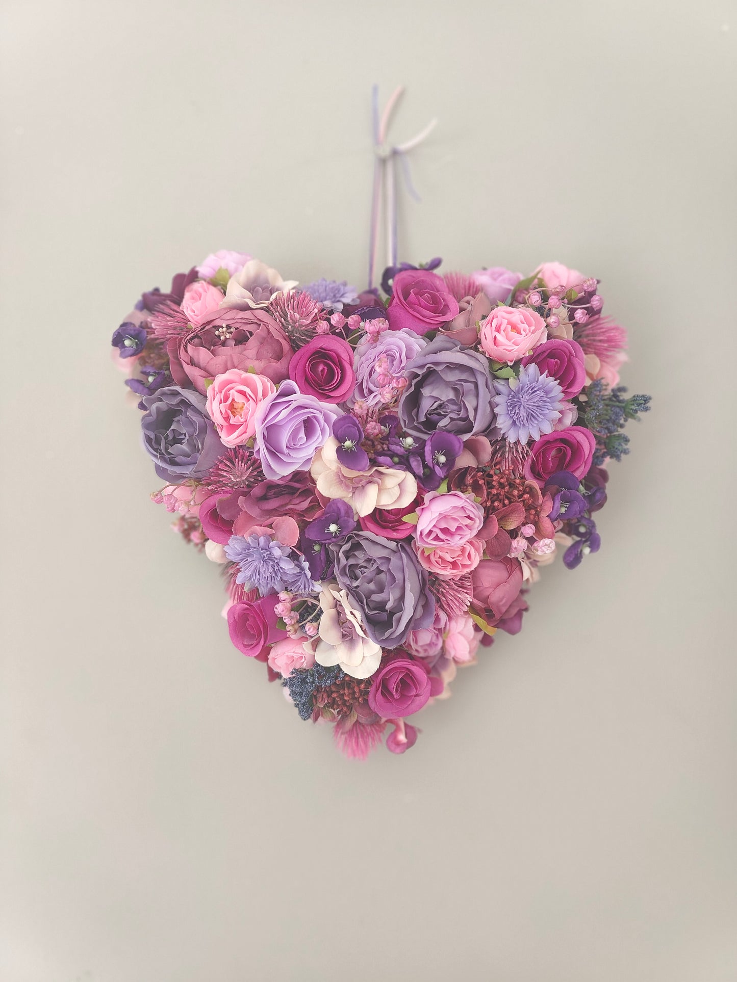 Heart wreath lilac lavender mauve pastel pinks gift mother's day memorial door hanger patio decor