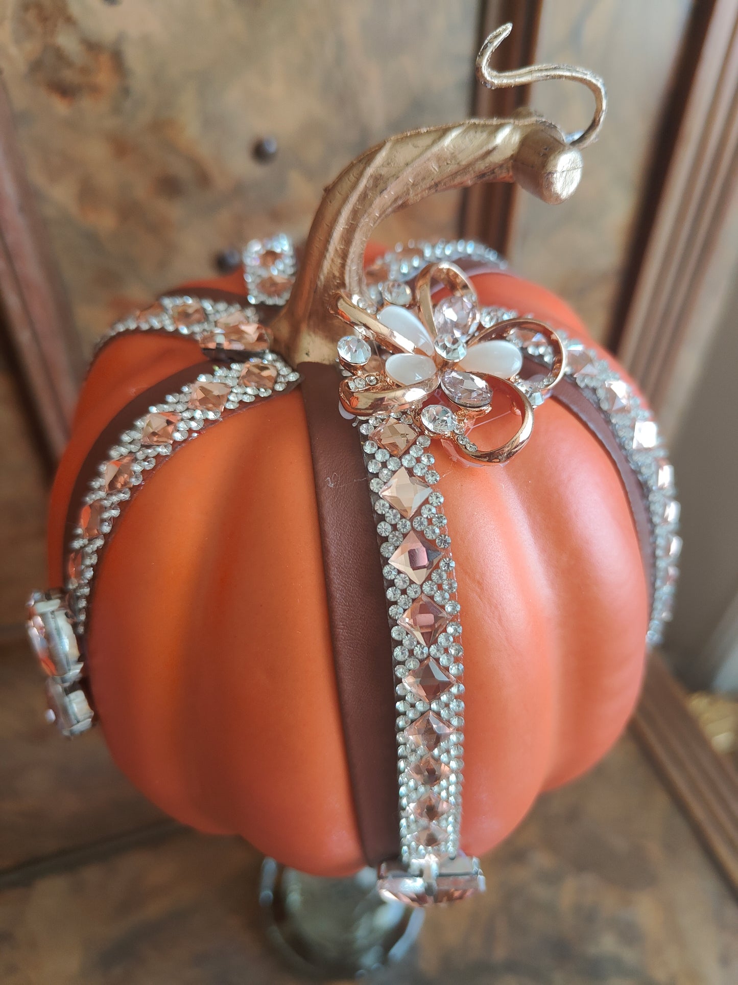 Pumpkins orange bling embellished diamante Autumn decor tablecentre pair