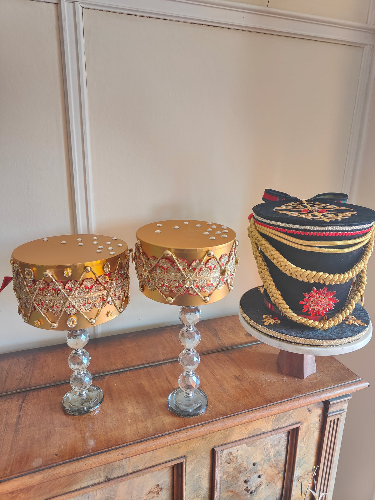 Nutcracker Drums pair of regal embellished gold and red Christmas decorations