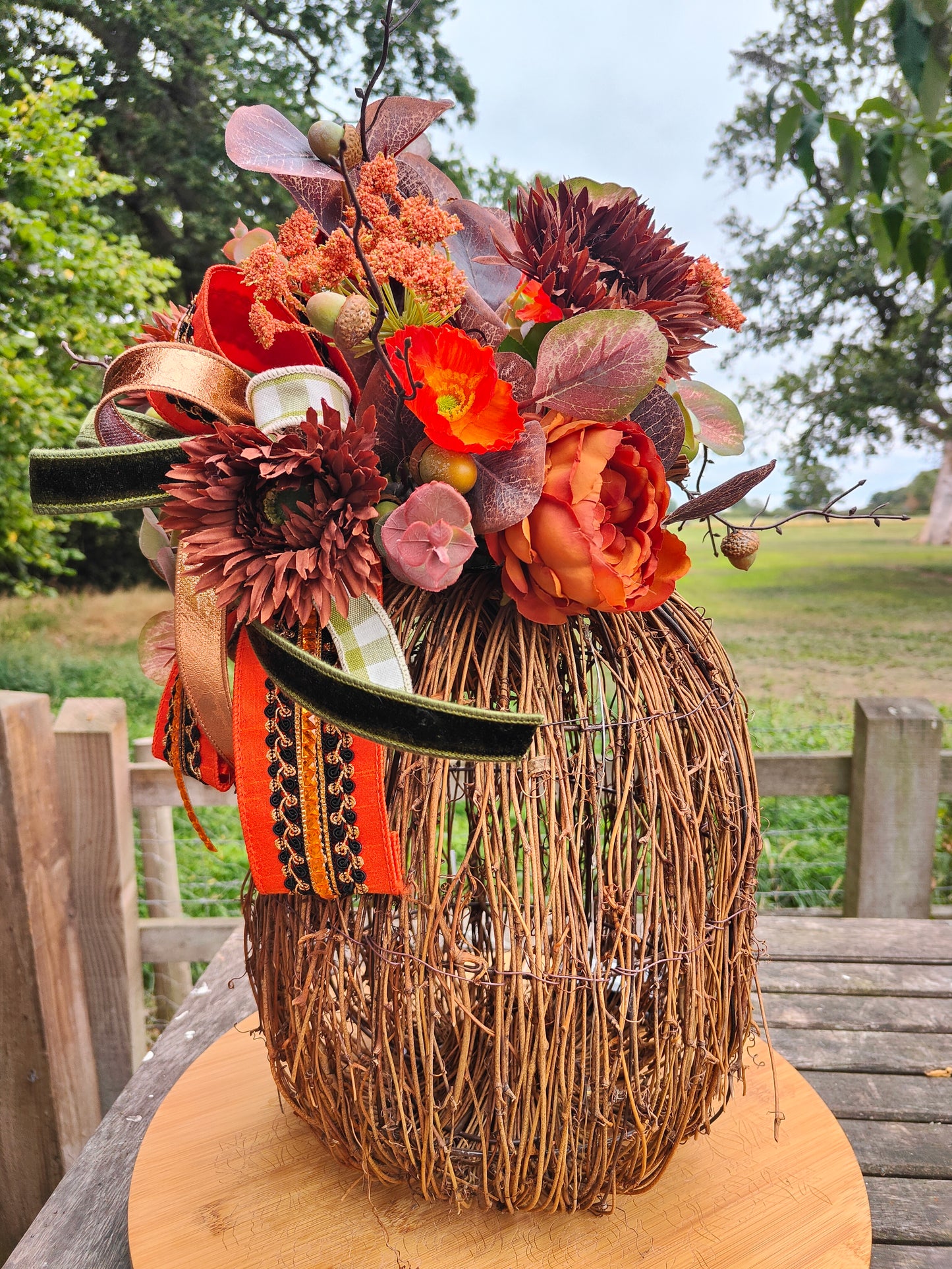 Autumn pumpkin large tall illuminated decorated wicker pumpkin