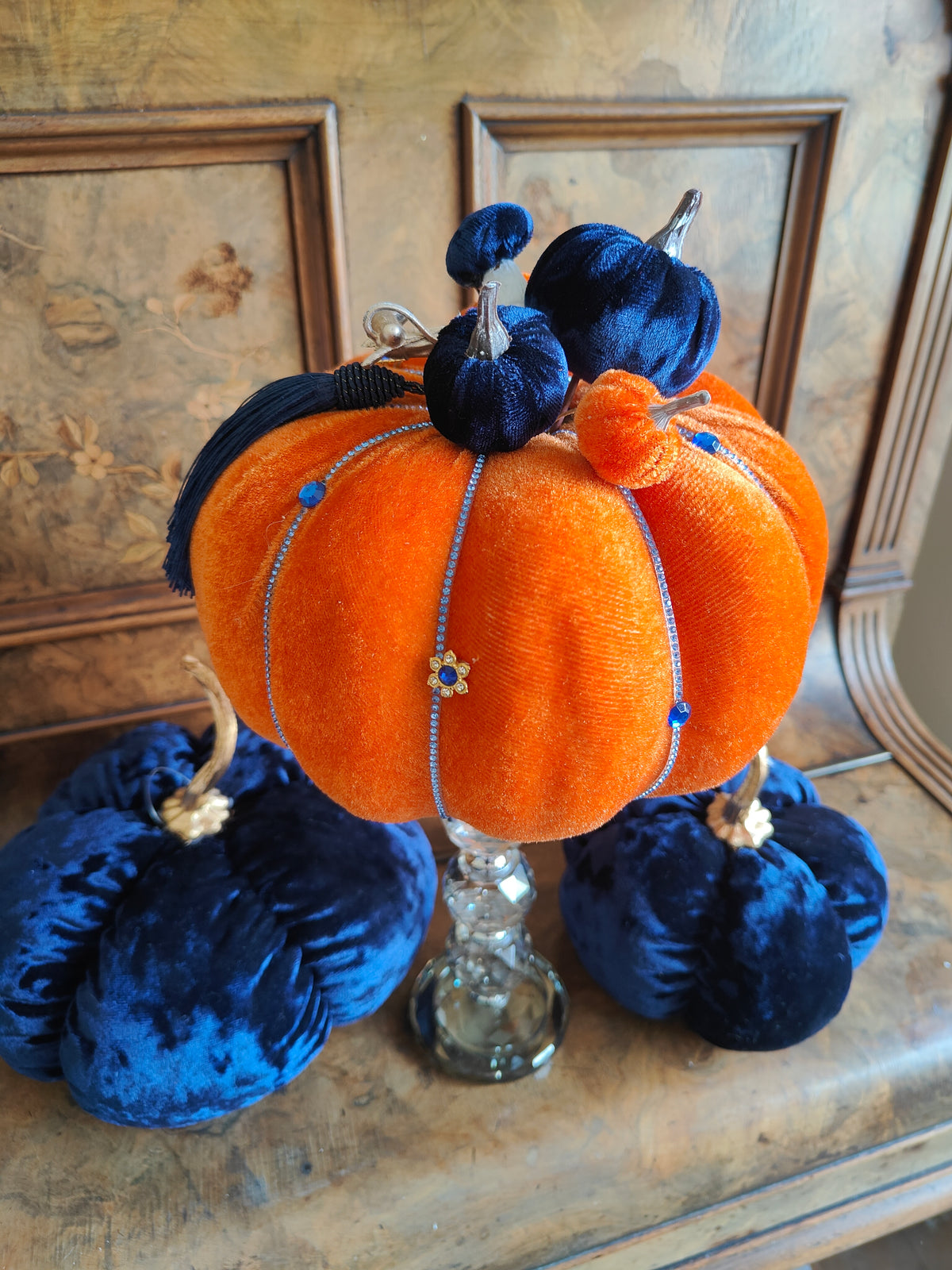 Pumpkin orange velvet bling embellished decorated pumpkin decor
