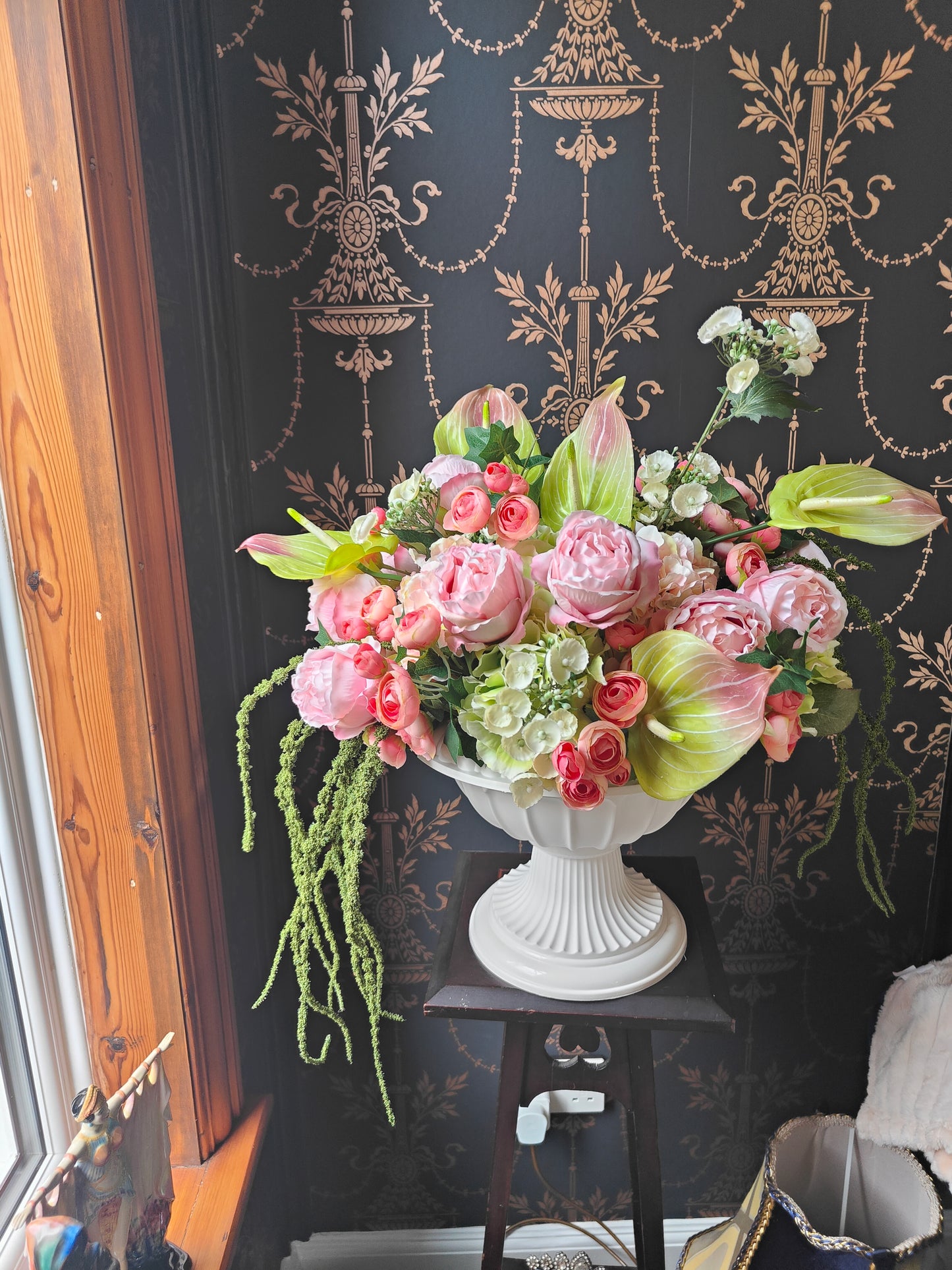 Pink and green large urn planter centrepiece tablecentre, wedding flowers, garden decor