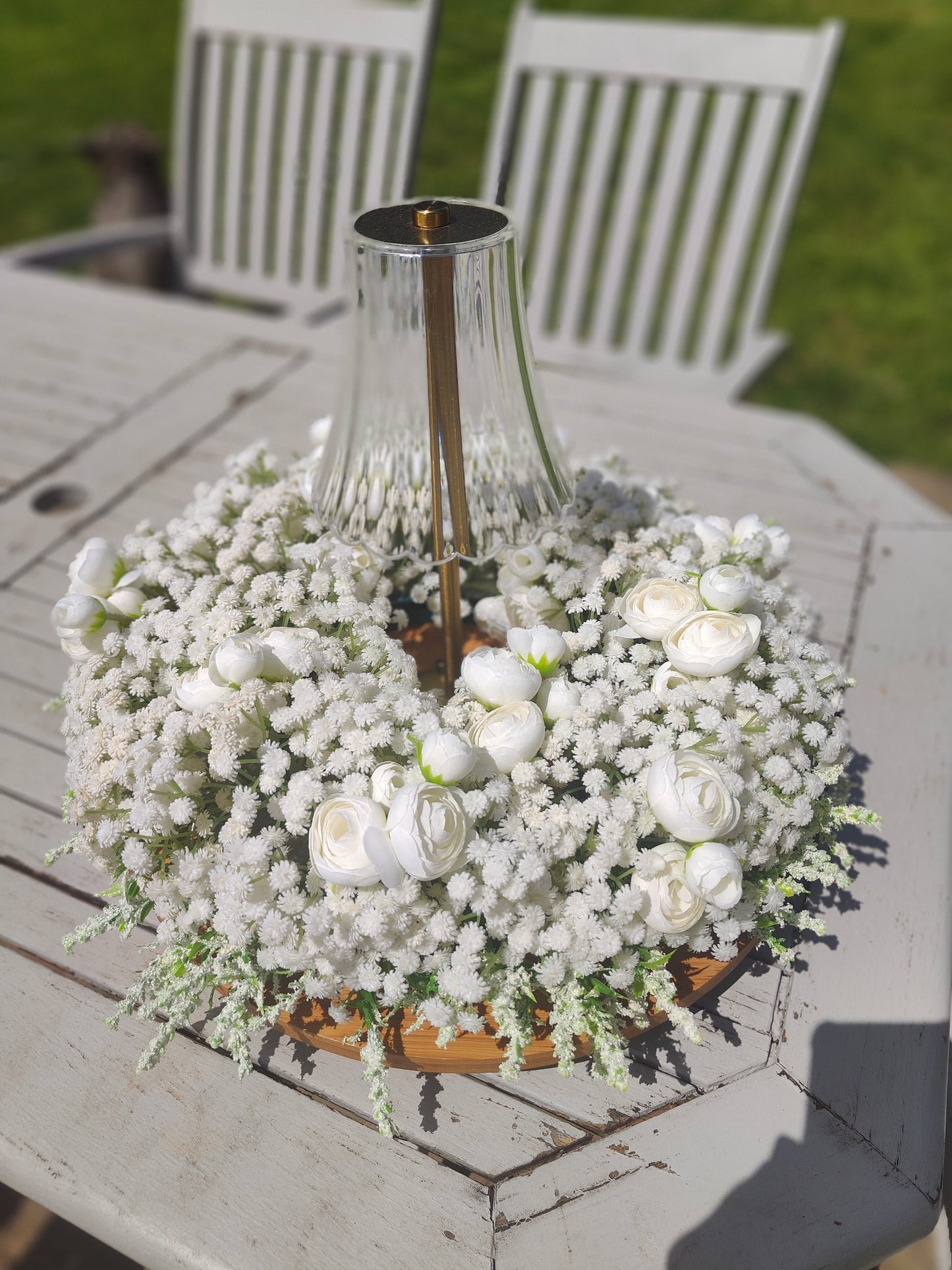Gypsophilia tablecentre circular centrepiece wedding event flowers