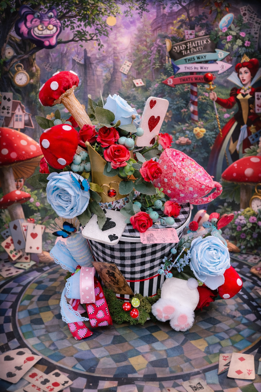 Alice in Wonderland centrepiece ornament party decoration theme top hat blue and red Mad Hatter wedding decor