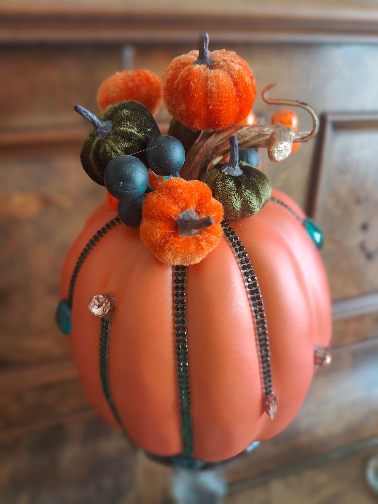 Pumpkins orange bling embellished diamante Autumn decor tablecentre pair