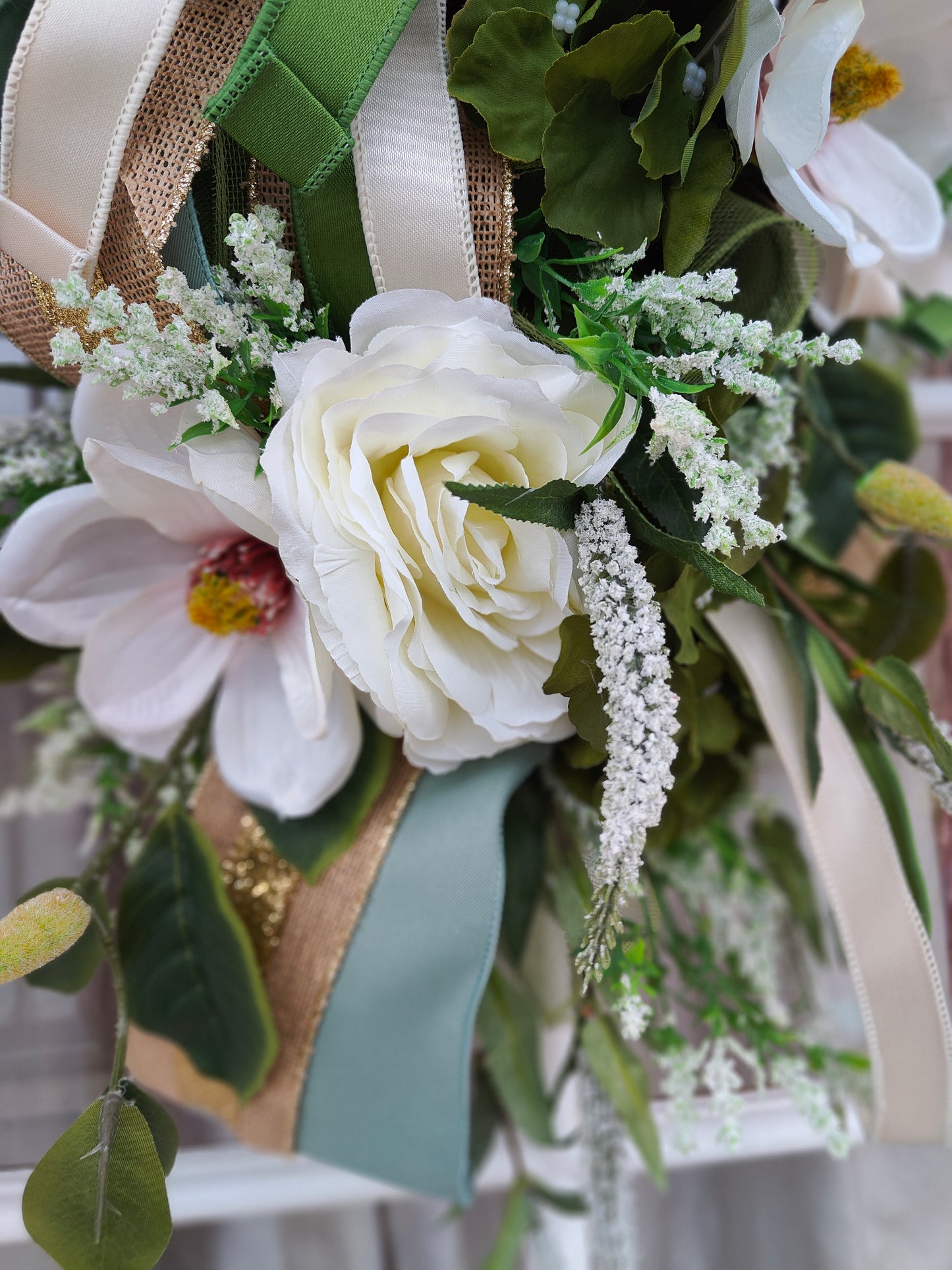 Natural wreath neutral colours swag magnolia peonies Farrisilk ribbons large door decor