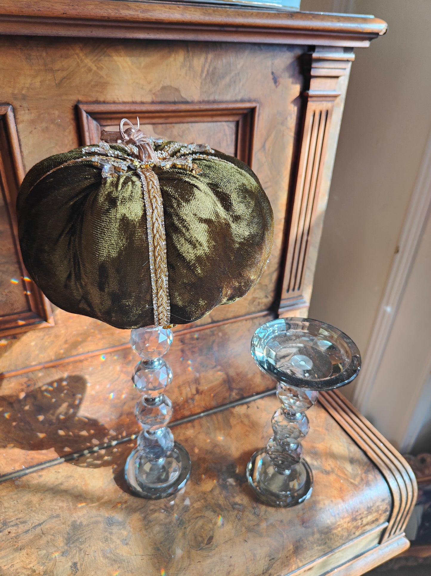 Pumpkin bling embellished deep green velvet 20cm decorated Autumn pumpkin