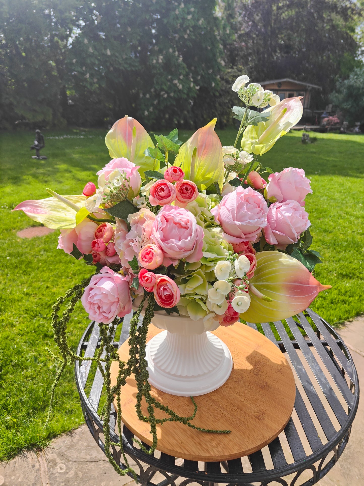 Pink and green large urn planter centrepiece tablecentre, wedding flowers, garden decor