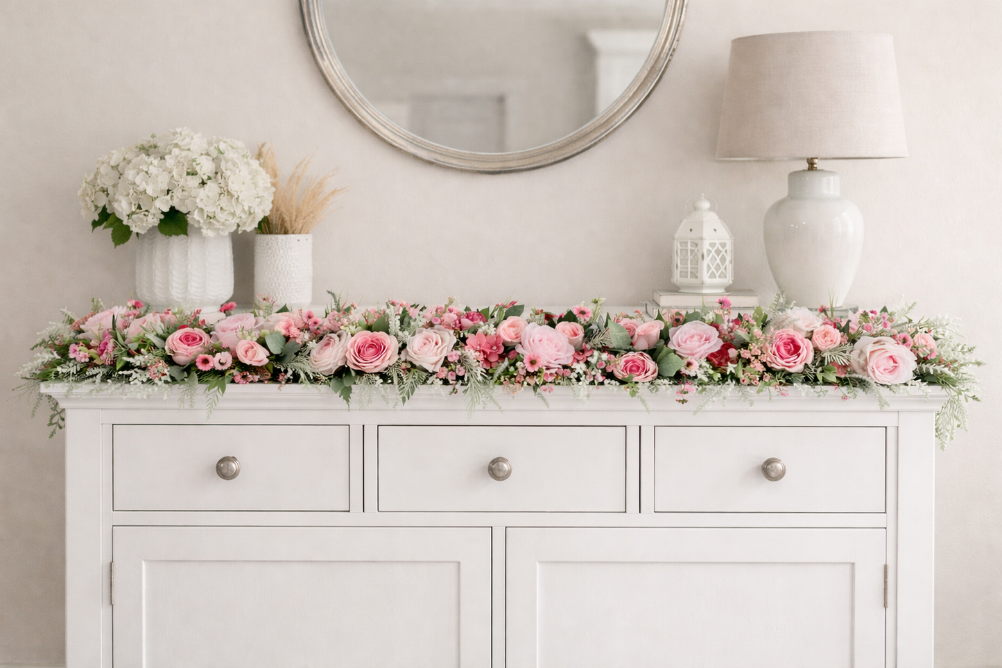Garland pink artificial flowers door wedding flowers kitchen mantelpiece fireplace surround