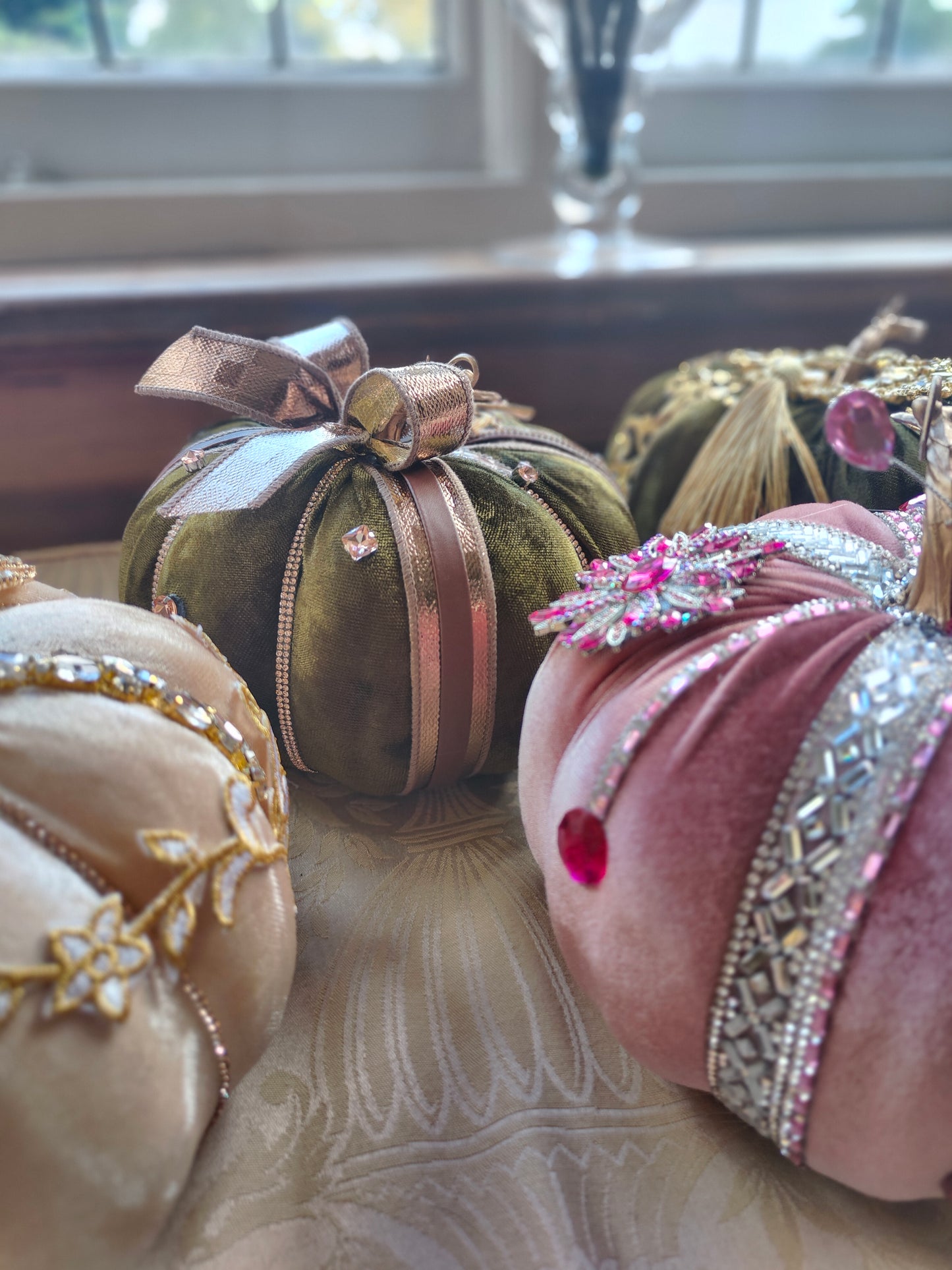 Pink pumpkin embellished decorated 20cm pastel pink velvet Autumn decor pumpkin